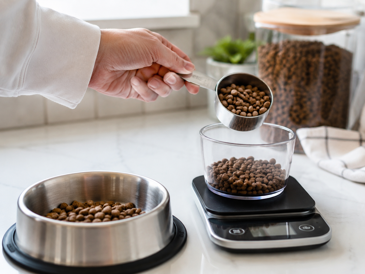 Dry pet food measured with a cup and kitchen scale beside a pet bowl